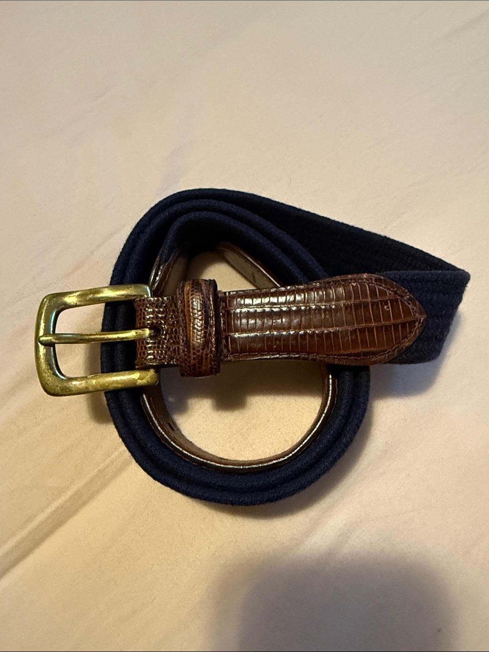 Arden Leather Company Men's Navy Fabric and Brown Leather Belt 90/36